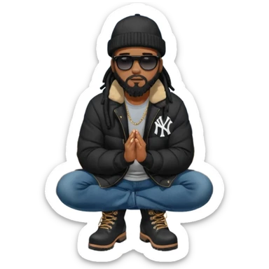 African American man with shoulder length black dreadlocks with black beard wearing black sunglasses wearing a black bubble winter coat wearing a New York Yankees baseball hat wearing denim skinny jeans and timberland boots kneeling in prayer sticker