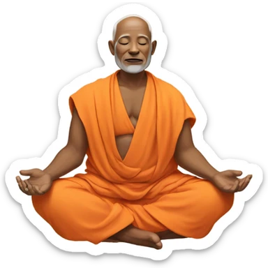 an old yogi with a peaceful and meditative expression. The character should be wearing an orange robe, symbolizing traditional yogic attire. The yogi can be sitting in a lotus position with closed eyes, a gentle smile, and a serene aura. sticker