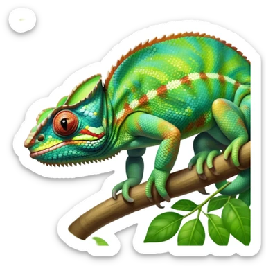 giant-chameleon-realistic emoji,-blending-with-vibrant-greenery.-detailed-scales-in-shifting-colors,-showing-the-chameleon’s-ability-to-camouflage.-soft-natural-light-highlights-its-texture.-nature-background, zoomed into its face sticker