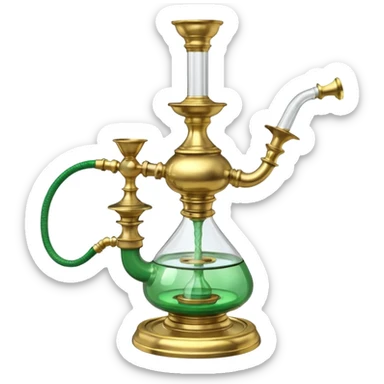 Brass hookah with green design on a glass water base and a glass banger on the top; with two outlet sticker