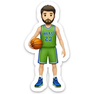 Full Body  white male basketball player with short dark shaggy hair and gold tee beard wearing blue and green uniform sticker