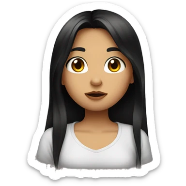 A girl with long dark hair, brown eyes, in a black T-shirt, sending a kiss sticker