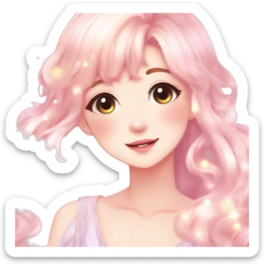 Gorgeous anime style lady blushing face dreamy idol model colorful shiny sparkle kawaii pastelcore cottagecore pearly petite simplistic aesthetic trending style sticker