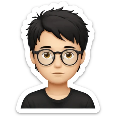a light tan handsome boy with messy a black hair and spectacles. wearing a black tshirt sticker