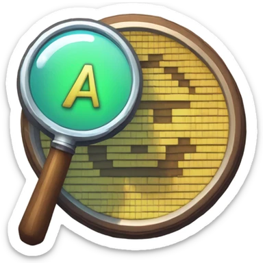 logo in a pixel art style featuring a magnifying glass as the central element. Inside the circular lens of the magnifying glass, place a pixelated letter 'A' sticker