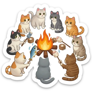 I want 10 cats front of a campfire who are enjoying and they r doing marshmallows and all or some are coking fish sticker