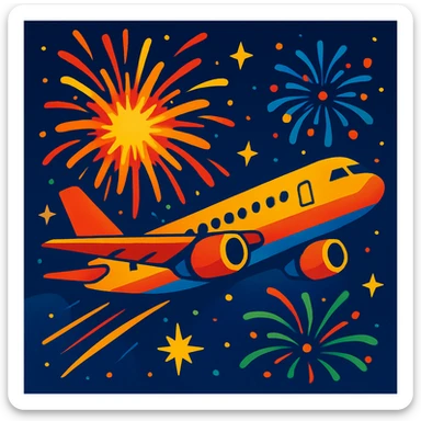 A passenger plane in the night sky, surrounded by bright fireworks and a large explosion of light and color sticker