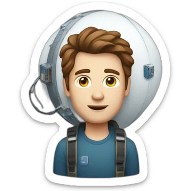 Tall white man with brown hair carrying a small satellite sticker