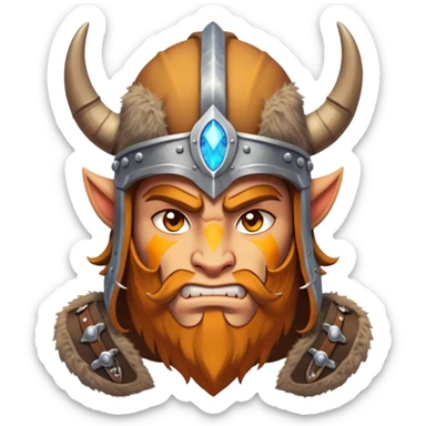 Clash of Clans aesthetic: Cinematic Fierce Barbarian Portrait Emoji, Poised and bold with a rugged yet cartoonish build in tattered furs and a horned helmet, his exposed skin a rich tan, expressive bright eyes and a confident smirk, Simplified yet dynamic features, highly detailed, glowing with a vivid, adventurous aura, high shine, heroic and spirited, stylized with an air of medieval warrior charm, focused and energetic, soft glowing outline, capturing the essence of a fearless barbarian adventurer ready to lead his clan with spirited valor! sticker