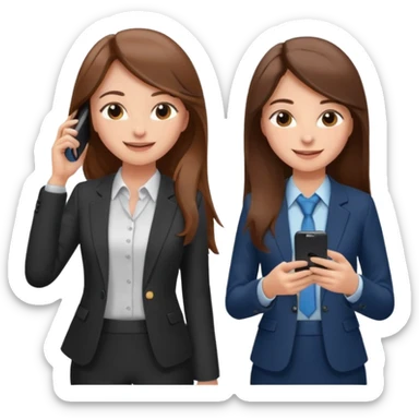 two brown haired girls, looking professional maybe leaned back on back and looking forward and using phones, with longer hair and with some cute clothes sticker
