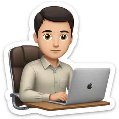 Rich man sitting on a office chair, working at desk, looking to laptop in shirt, dark hair, he is german very beautiful looks like, full body view sticker