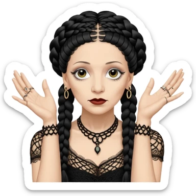 Lene Lovich as seen on the Stateless album cover with a typical symmetrical pose with her hands, lots of lace and braided hair sticker