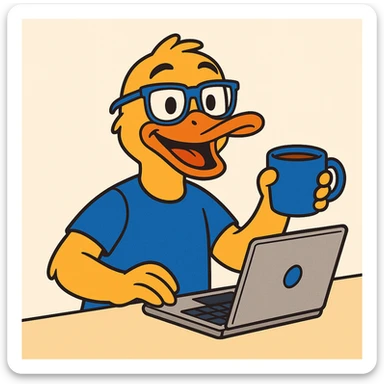developer duck with laptop and coffee mug, primary colors #0090df, #fc9e19, #db8006b, optional secondary colors for highlights, welcoming and happy sticker