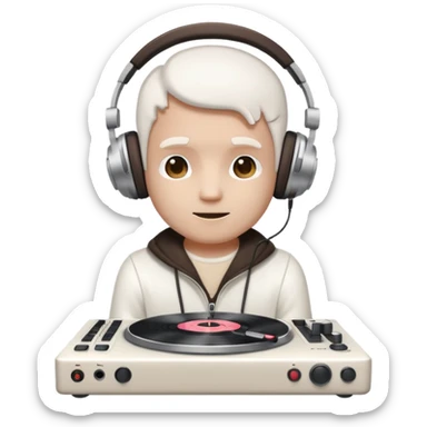 marshmallow head DJ with headphones and a turntable sticker