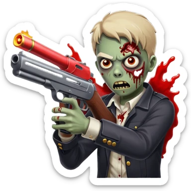 Survivor firing shotgun at zombie, flying blood, intense expression, dark style, no background










 sticker