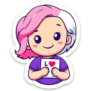girl with pink and white hair, smiling, holding a heart, sticker style sticker
