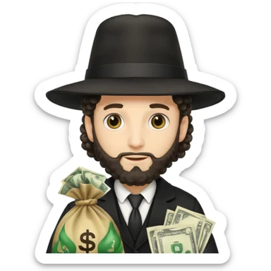 Hasidic Jewish Man, with full curls on sides of his head hanging from his hat, holding the money bag emoji  sticker