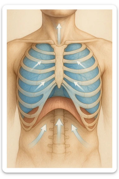 A realistic, high-quality anatomical illustration showing a human torso with visible rib cage and diaphragm. The ribs are shown in a decompressed, expanded state, allowing full lung expansion, while the diaphragm is depicted as relaxed and lowered, indicating deep, efficient breathing. Soft blue and warm tones highlight airflow and lung capacity, with light arrows illustrating the air movement during diaphragmatic breathing. The image conveys a sense of calm, openness, and optimal breathing mechanics, useful for physiotherapy, breathing education, and osteopathic learning contexts realistica sticker