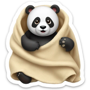 A panda is in a blanket with a brown bear sticker