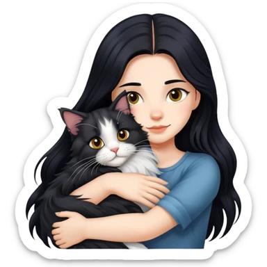 Beautiful girl with fair skin and long black hair hugs Maine Coon cat sticker