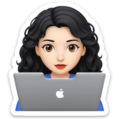 Beautiful girl, with black hair, with wavy hair, and with a laptop  sticker