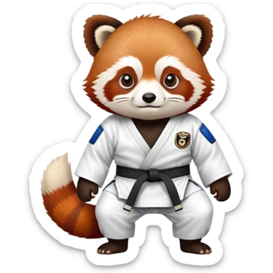 Red panda wearing a jiu jitsu gi with a white belt sticker
