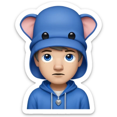Minecraft character with a top hat And a hoodie That is blue And has a elephant And short hair And A eye patch That is white And black shoes And  Dot eyes  That are  Dark blue And a mouth Drooling And the skin mixed sticker