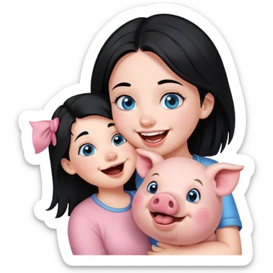  girl with blue eyes and black hair. She is laughing at her pig. Her pig is trying to kiss her  sticker