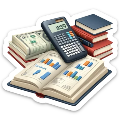 Icon for Business Reading: an open book with graphs, numbers, percentages, formulas, and text on the pages, next to a stack of books, a pile of dollars, a calculator and business magazines like Forbes. Transparent background. sticker
