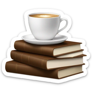 white cup of coffee on top of a small stack of brown and beige books sticker