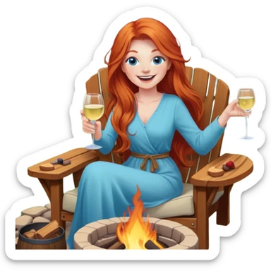 Laughing redhead with long hair and blue eyes holding white wine sitting in chair beside fire pit in backyard sticker