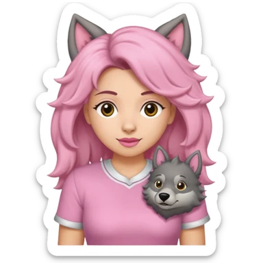 Garota loira fofa de cabelo comprido usando uma blusa rosa ao lado de um lobo sticker