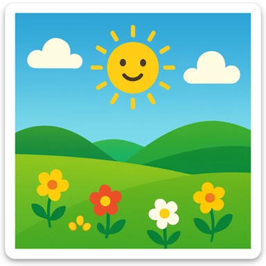 sunny landscape with green grass and blue sky, bright and cheerful, colorful, simple shapes, emoji style inspiration sticker