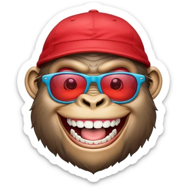 A cartoon-style smiling gorilla face wearing colorful sunglasses and a red cap, with a huge toothy grin sticker