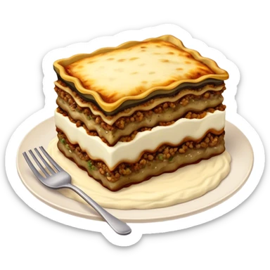 Moussaka Cinematic Realistic Moussaka Dish Emoji, depicted as a rustic serving of moussaka with layers of soft eggplant, ground meat, and a creamy topping featuring a delightfully crispy corner, rendered with rich textures and warm, inviting lighting. sticker