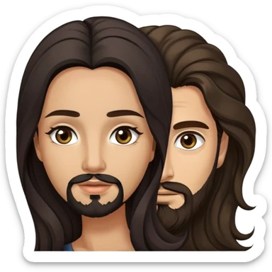 woman with olive skin, brown eyes and long lashes, and long black wavy hair with pale skinned hazel eyed man with brown hair and beard sticker