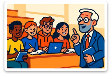 group of 4 students with notebook and laptop, listening to a professor, university atmosphere, colorful cartoon style, light background sticker