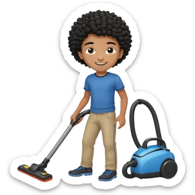 Emoji to encourage kids to do chores - should contain something about house chores, ok replace the broom with a vaccum make it atheltic boy 8 years old - egyptian with curly hair but not too curly -  sticker