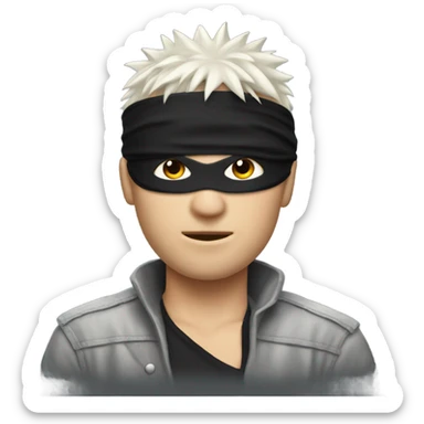white male with white spiky hair wearing a black blind fold sticker