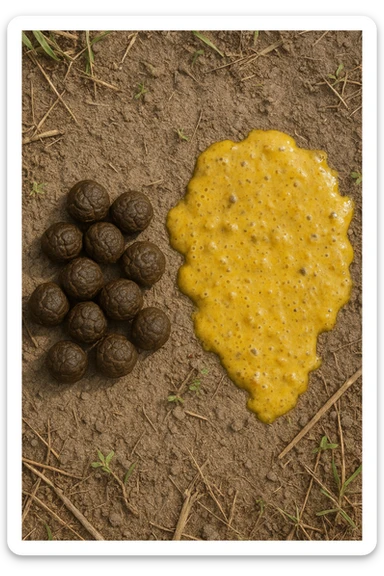 feci di animale a palline viste dall'alto e feci di animale liquide e gialline viste dall'alto, iperrealistico 4k sticker