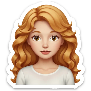 white adult woman with strawberry blonde super long wavy hair, white top, blushed cheeks sticker
