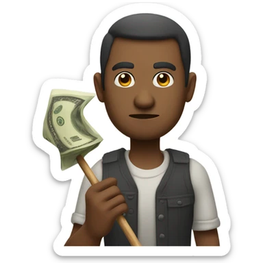 Man sticking out his hand with money and a scowl and a stick in the other hand sticker