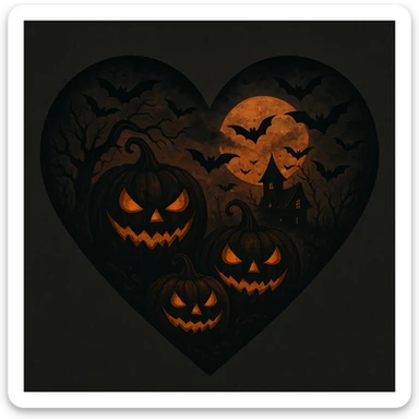 heart with Halloween theme, spooky, pumpkins, bats, dark colors sticker
