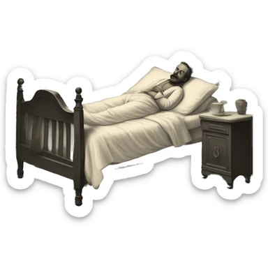A sick man on a bed in 1870 sticker