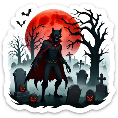Icon for Horror Movies: A chilling collage with a monstrous werewolf or vampire, dark silhouettes, eerie graveyards, and creepy elements like spiders and tombstones. Ghostly fog surrounds, with a blood-red moon in the sky. The atmosphere is unsettling, eerie, and haunting. Transparent background. sticker