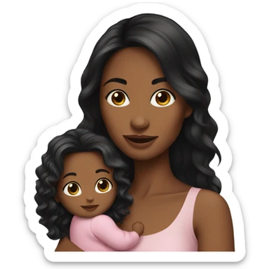 Woman long wavy black hair holding a baby girl sticker
