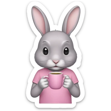 Gray rabbit, wearing pink t-shirt, holding coffee mug sticker