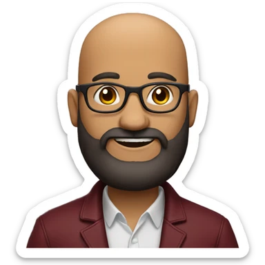 Indian Bald man smiling with glasses and a big, bushy black beard. Wearing a maroon jacket sticker