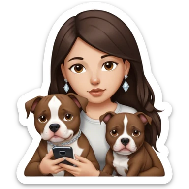 ￼ a young girl with long dark brown hair cascading down her face. It’s with her phone in her hands, sitting next to her pitbull with a small diamond nose ring in her nose. sticker