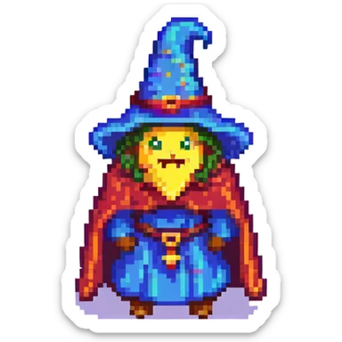 pixel art butter slice casting a spell wearing a wizard hat and cloak sticker